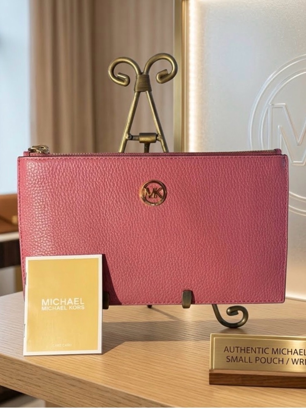 Michael Kors Rose Pink Pebbled Leather Zip Pouch NWT (with strap)